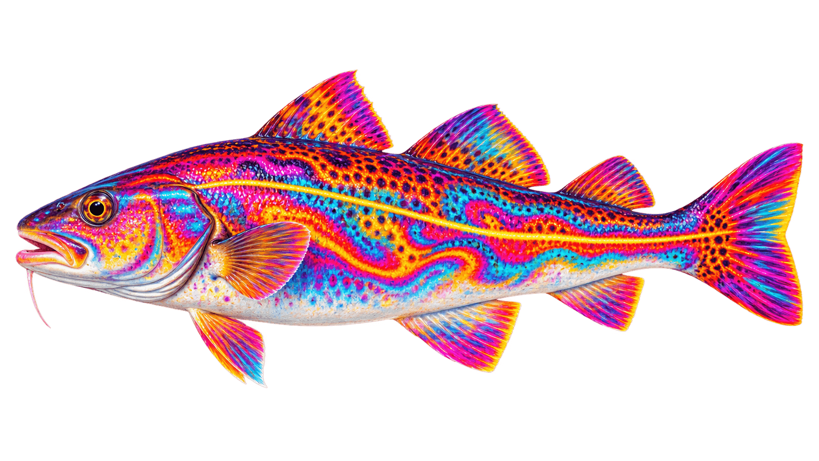 An Atlantic cod illustrated in saturated neon colouration.